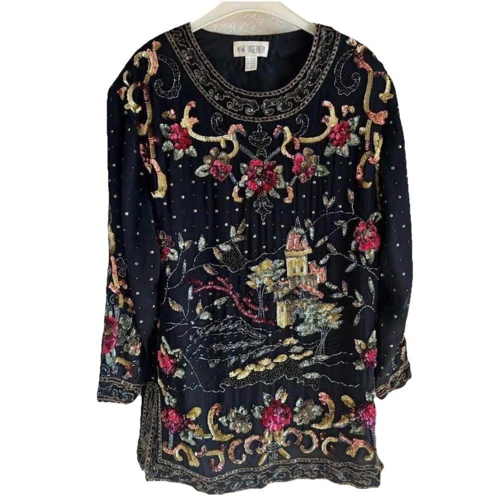 Vintage 90s QPS Beaded Silk Tunic, Size 3X, Statement Artwear, Holiday/Occasion
